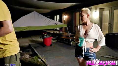 Blonde stepmom Bobbi Shay teases in crop top and shorts outdoors