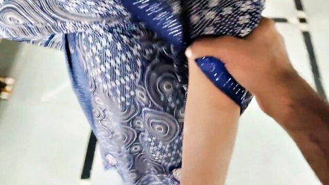 Indian desi maid in blue saree with long hair grabbed intimately