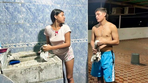 Shirtless stepbrother eyes stepsister's perky tits in tight pink top and shorts while washing at sink