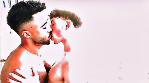 Passionate kiss between two hot muscular black men in intimate embrace