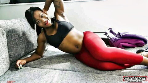 Josy Black teasing in black sports bra and red leggings, twerking JOI pose