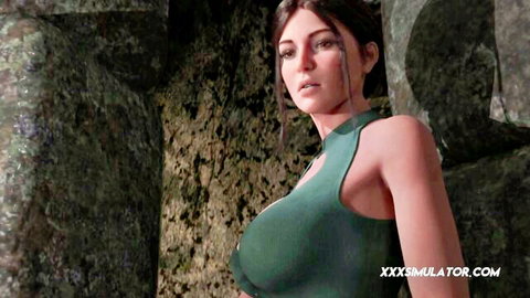 3D CGI busty Lara Croft with massive tits spilling from tight green top in cave