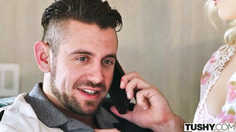 Alex Grey in lacy dress submits to suited man on phone, domination scene