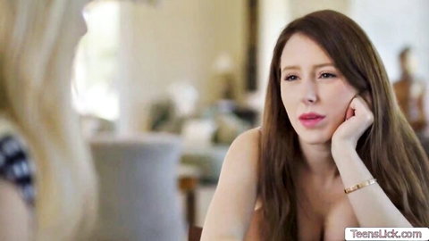 Aiden Ashley topless with blonde roommate, intimate lesbian strap-on tease