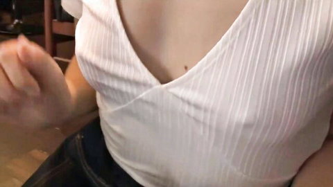 Asian teen waitress lifting sheer white top revealing hard nipples and deep cleavage