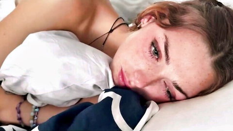 Alex Adams freckled redhead lying seductively in bed, morning girlfriend vibes