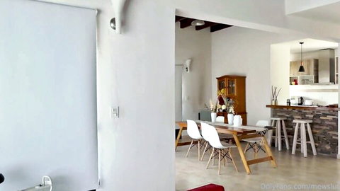 Empty modern kitchen dining room with white chairs wooden table and bar stools