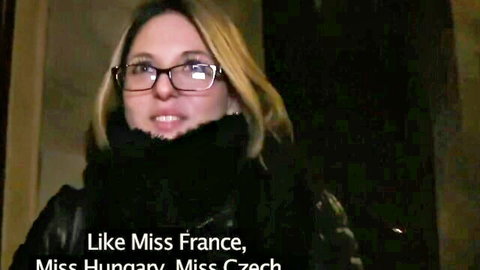 Blonde babe with glasses smiling like Miss France Hungary Czech in leather jacket