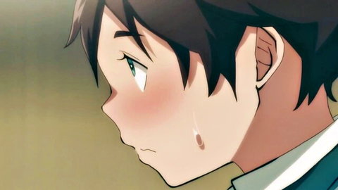 Blushing anime schoolboy with green eyes looking embarrassed in uniform closeup