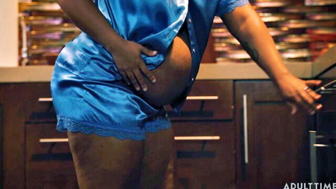 Pregnant Avery Jane in blue satin lingerie, hand on belly, teasing curves