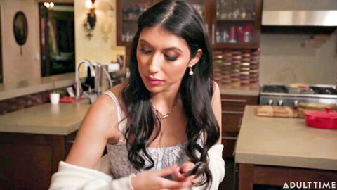 Penelope Woods as stunning brunette in slip dress, teasing at dinner party