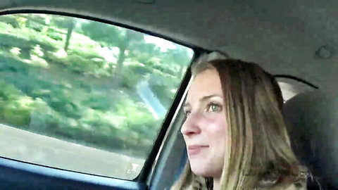 Blonde babe in car, gazing out window before gagging on huge cock
