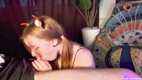 Fox-eared redhead teen in pigtails puckers lips on boyfriend's crotch bulge for blowjob tease