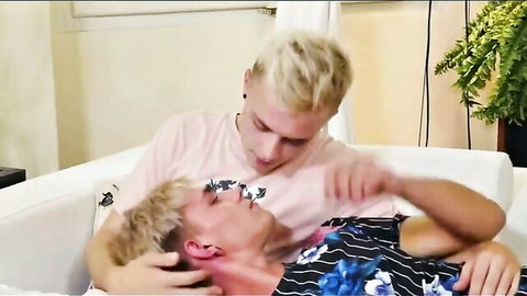 Two blond twink boys in passionate neck kiss, bareback gay intimacy