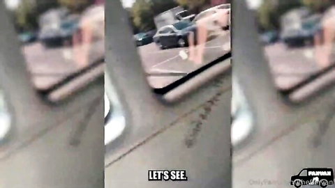 Teen spreads legs flashing shaved pussy in public parking lot car POV