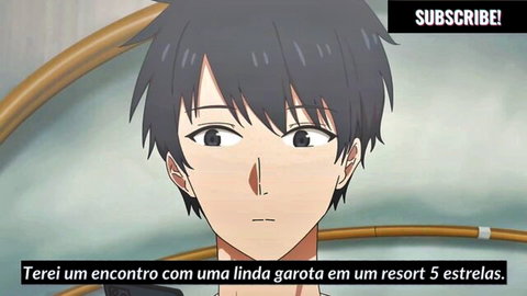 Surprised anime hentai guy face with subscribe overlay after meeting hot girl