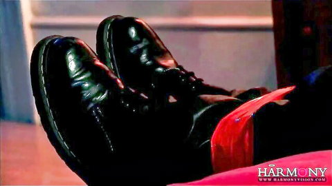 Seductive black leather boots and legs propped up in teasing backdoor preview