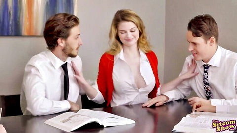 Bunny Colby teases in low-cut blouse with two suited men in office