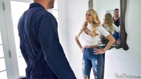 Katie Morgan in tight crop top and ripped jeans seduced by mechanic