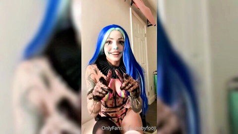 Babyfooji as sexy crazy clown in JOI, blue hair, revealing lingerie