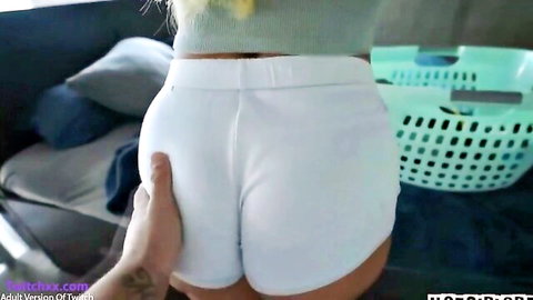 Mila Monet's big PAWG ass in tight white shorts, hand grabbing from behind