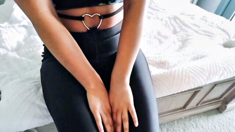 Indian teen in sexy heart harness and tight leggings teasing curves