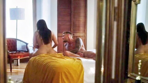 Violet Myers nude curvy latina on bed with tattooed lover intimate pose