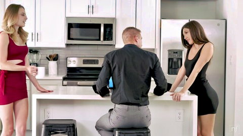 Maya Woulfe and Kyler Quinn in red and black dresses seduce suited man in threesome preview