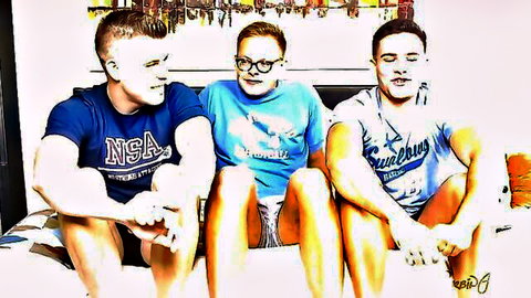 Two muscular young men and curvy woman in casual shirts, teasing threesome setup