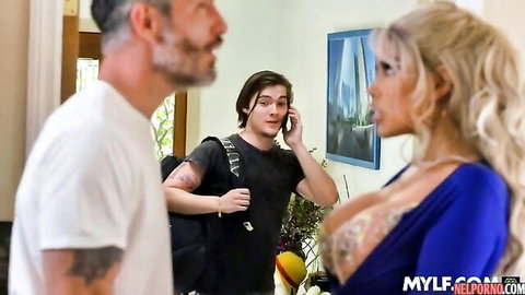 Bridgette B's big tits in blue dress with young guy and dad in taboo MILF scene