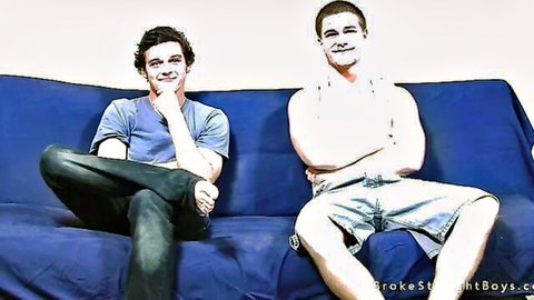 Jimmy and Bobby muscular straight guys lounging on couch in casual wear