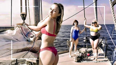 Blonde in pink bikini bends over on yacht showing juicy ass with bikini-clad friends at sunset