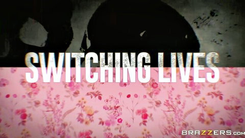 Brazzers Switching Lives adult video promo thumbnail with pink floral background