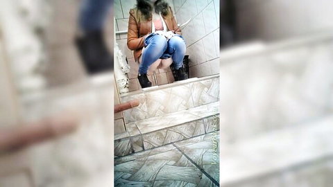 Skinny voyeur babe in bathroom jeans down panties aside tight pussy fingered