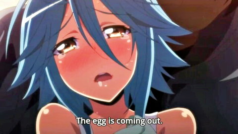 Ecstatic blue-haired monster girl in hentai ecstasy as egg emerges