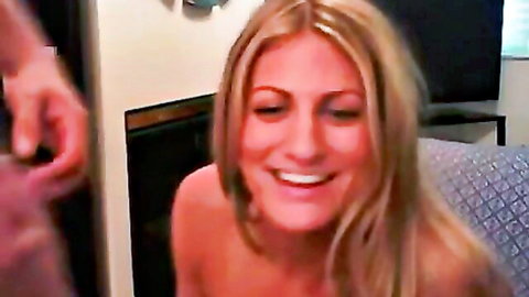 Blonde girlfriend smiles topless during double penetration with dildo