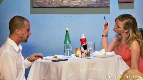 Madison Scott in sexy red dress at dinner with handsome man, Brazzers tease