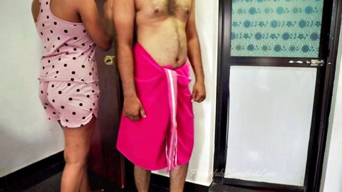 Sani and Enjoy Sri Lankan couple teasing in pink lingerie and towel at motel
