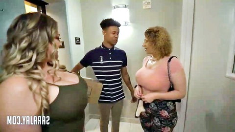 Sara Jay and busty blonde in hotel with young black stud, cleavage tease