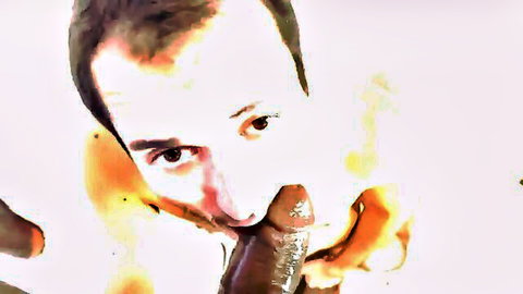 White man deepthroating huge black strap-on in intense handjob close-up