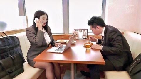 Yui Miho in glasses and suit on phone with Yuichi Nakajima during business trip