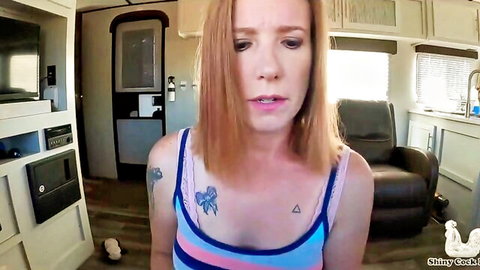 Jane Cane redhead MILF in stepmom tease, cleavage in striped top