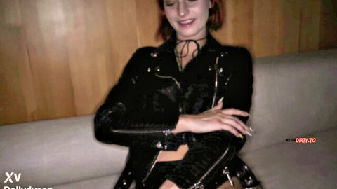 Dolly Dyson in sexy black leather jacket, smiling seductively in POV tease