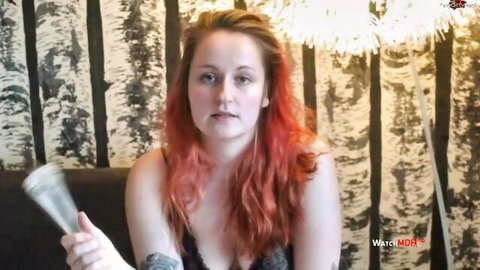 Tattooed redhead MILF Machtfertig in black lingerie, POV domination tease
