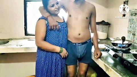 Desi stepmom and son in intimate kitchen pose with kinky vibe