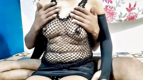 Indian babe in sheer black lace top and skirt groped intimately