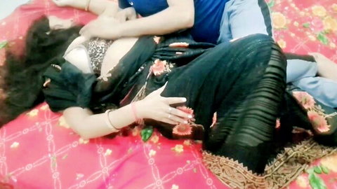 Aman and Pooja in sexy saree hookup, hot Indian couple foreplay in bra