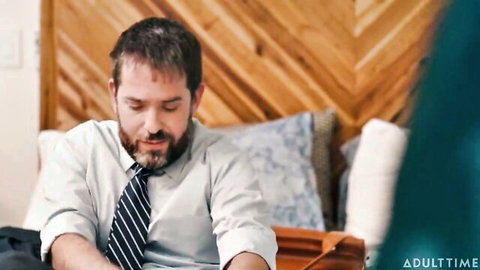 Lexi Luna MILF seduces handsome bearded man in shirt and tie on bed