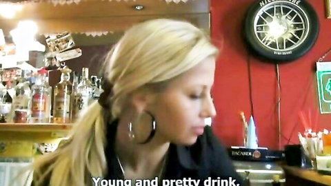 Young pretty blonde babe in bar, ready for wild oral and pounding action