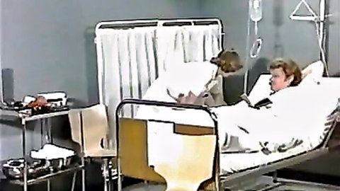 Vintage kinky nurses in white uniforms with patient in classic XXX threesome